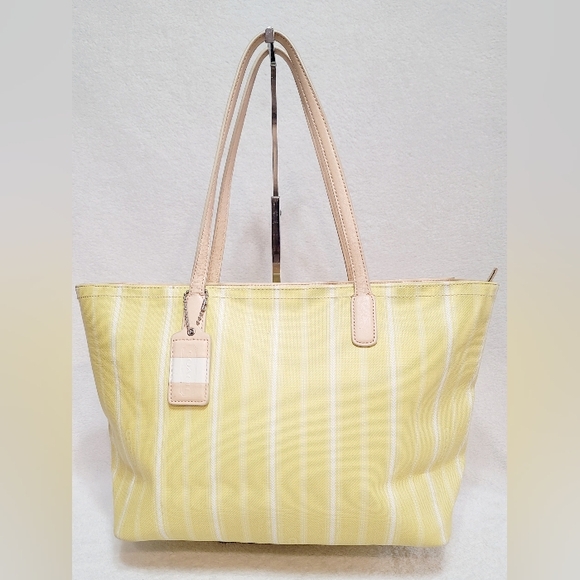 Coach 23108 Legacy Weekend Ticking Stripe Coated Canvas Yellow Tote & Wristlet - Picture 2 of 15